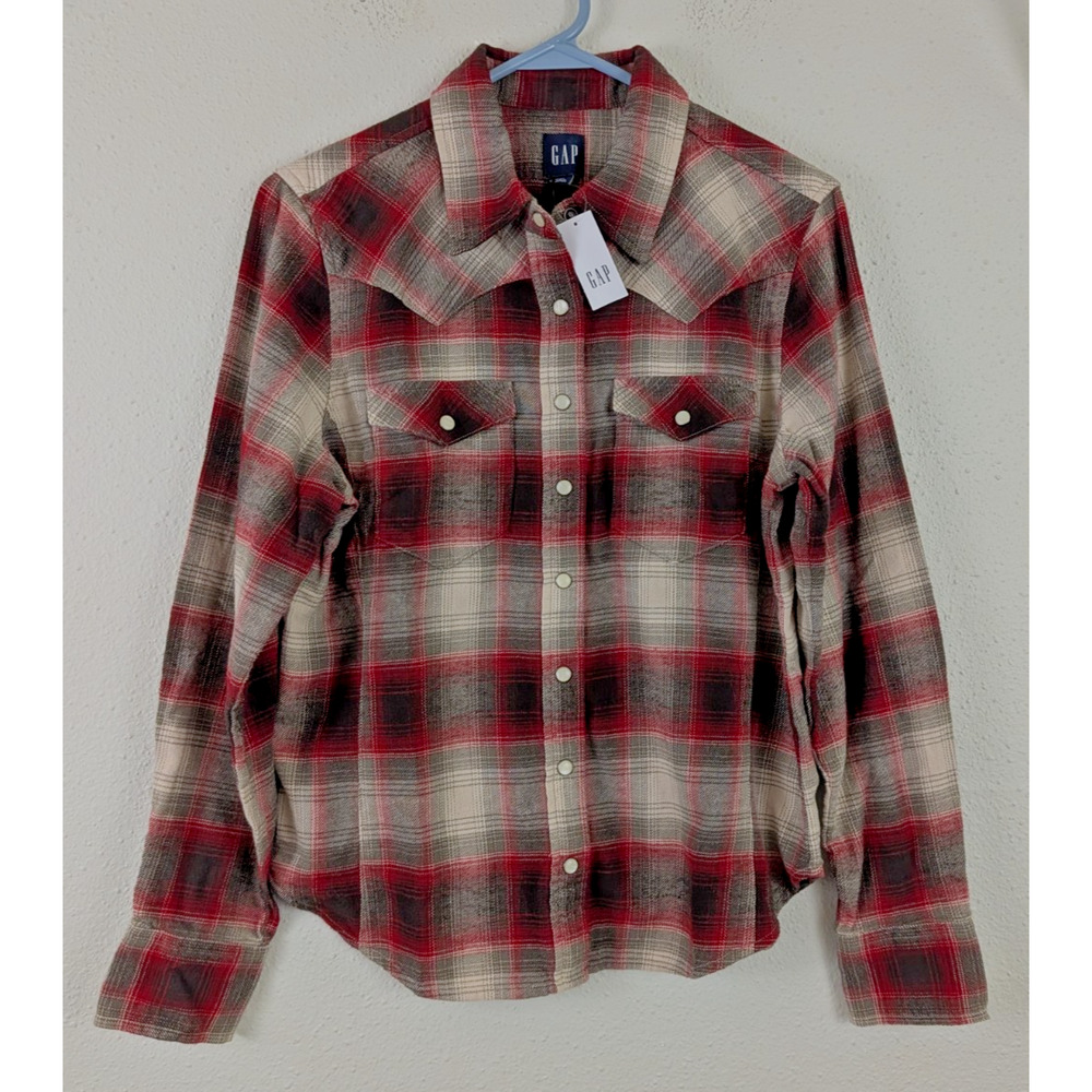New Gap women sz M Fitted Western Plaid Shirt snaps long sleeve top 3714
